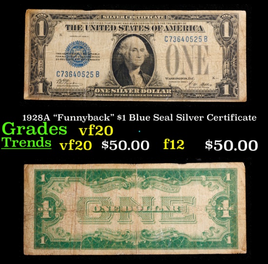 1928A "Funnyback" $1 Blue Seal Silver Certificate Grades vf, very fine