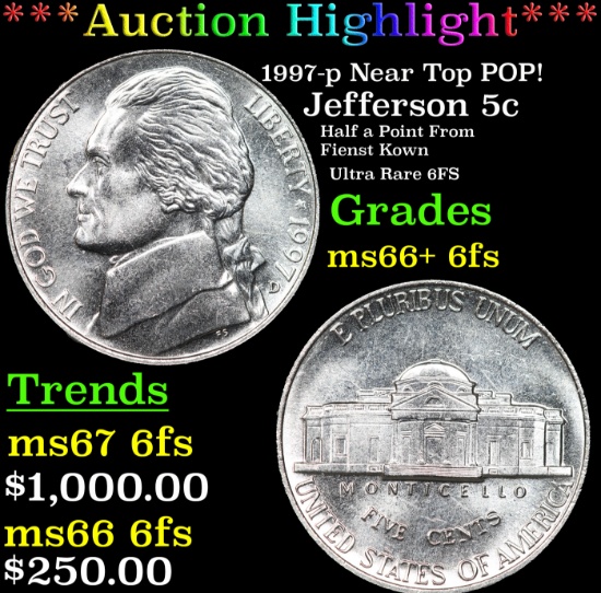 ***Auction Highlight*** 1997-p Jefferson Nickel Near Top POP! 5c Graded ms66+ 6fs By SEGS (fc)