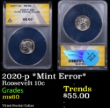 ANACS 2020-p Roosevelt Dime *Mint Error* 10c Graded ms60 By ANACS