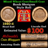 Mixed small cents 1c orig shotgun roll, 1920-d Lincoln Cent, Wheat Cent other end, McDonalds Brandt