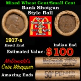 Small Cent Mixed Roll Orig Brandt McDonalds Wrapper, 1917-s Lincoln Wheat end, Indian other end, 50c