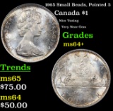 1965 Small Beads, Pointed 5 Canada Silver Dollar 1 Grades Choice+ Unc