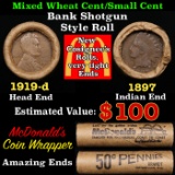 Small Cent 1c Mixed Roll Orig Brandt McDonalds Wrapper, 1919-d Wheat end, 1897 Indian other end