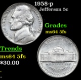 1958-p Jefferson Nickel 5c Grades Choice Unc 5fs