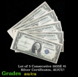 Lot of 5 Consecutive 1935E $1 Silver Certificates, AU/CU! $1 Blue Seal Silver Certificate Grades au/
