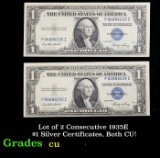 Lot of 2 Consecutive 1935E $1 Silver Certificates, Both CU! $1 Blue Seal Silver Certificate Grades c