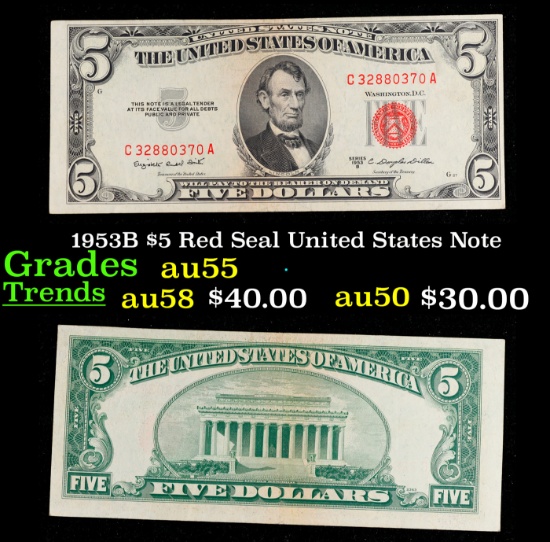1953B $5 Red Seal United States Note Grades Choice AU