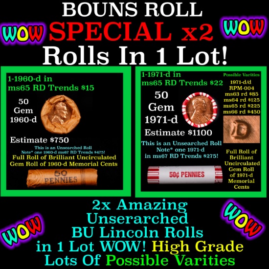 2x BU Shotgun Lincoln 1c rolls, 1960-d & 1971-d 50 pcs Each 100 Coins Total 50c