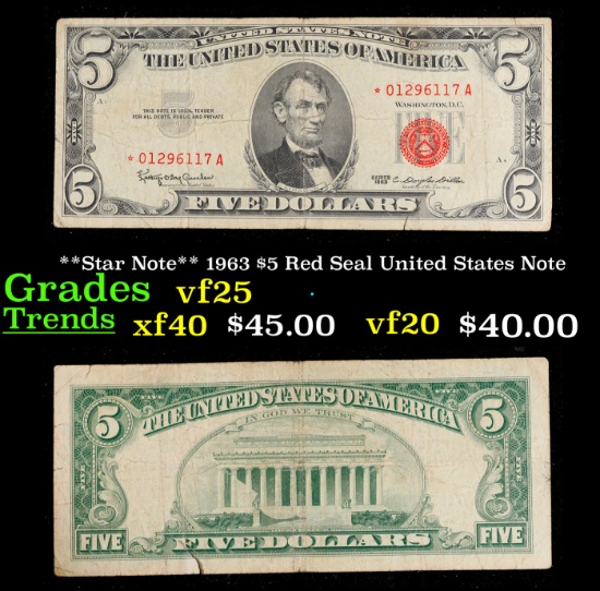 **Star Note** 1963 $5 Red Seal United States Note Grades vf+
