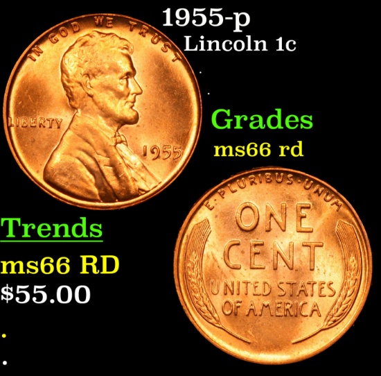 1955-p Lincoln Cent 1c Grades GEM+ Unc RD