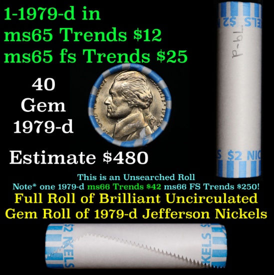 BU Shotgun Jefferson 5c roll, 1979-d 40 pcs Bank $2 Nickel Wrapper