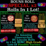 2x BU Shotgun Lincoln 1c rolls, 1980-p & 1961-p 50 pcs Each 100 Coins Total 50c