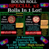 2x BU Shotgun Lincoln 1c rolls, 1964-d & 1980-p 50 pcs Each 100 Coins Total 50c