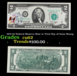 1976 $2 Federal Reserve Note w/ First Day of Issue Stamp $2 Green Seal Federal Reserve Note Grades G
