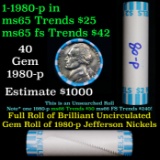BU Shotgun Jefferson 5c roll, 1980-p 40 pcs Bank $2 Nickel Wrapper