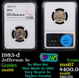 NGC 1983-d Jefferson Nickel 5c Graded ms66 By NGC