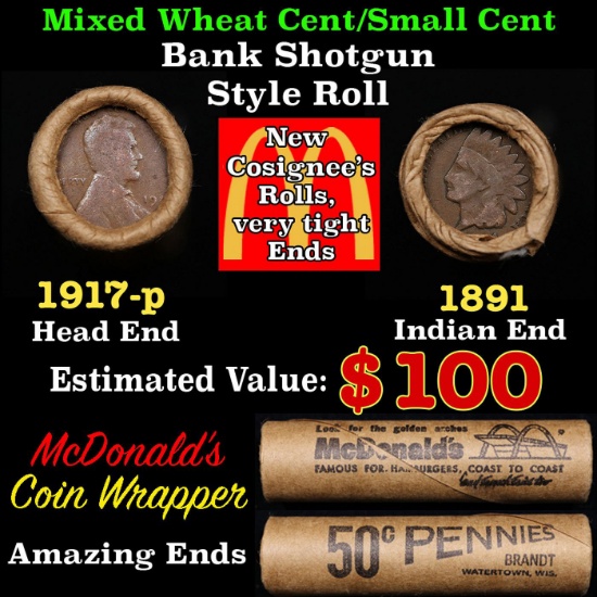 Small Cent Mixed Roll Orig Brandt McDonalds Wrapper, 1917-p Lincoln Wheat end, 1891 Indian other end