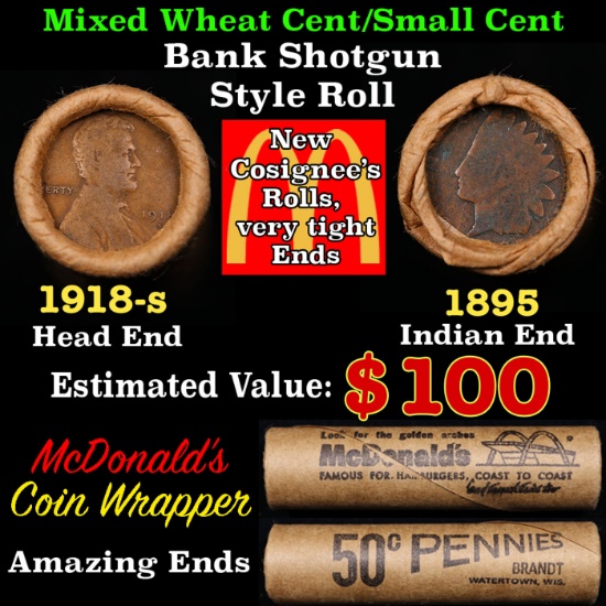 Small Cent Mixed Roll Orig Brandt McDonalds Wrapper, 1918-s Lincoln Wheat end, 1895 Indian other end