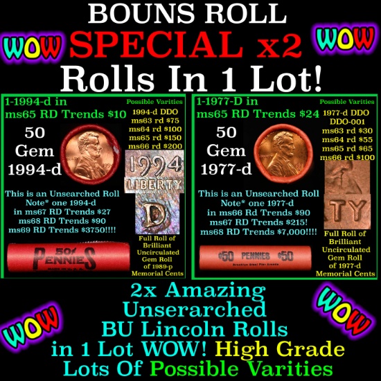 2x BU Shotgun Lincoln 1c rolls, 1994-d & 1977-d 50 pcs Each 100 Coins Total 50c