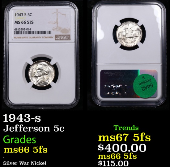 NGC 1943-s Jefferson Nickel 5c Graded ms66 5fs By NGC