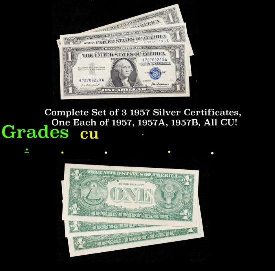 Complete Set of 3 1957 Silver Certificates, One Each of 1957, 1957A, 1957B, All CU! $1 Blue Seal Sil