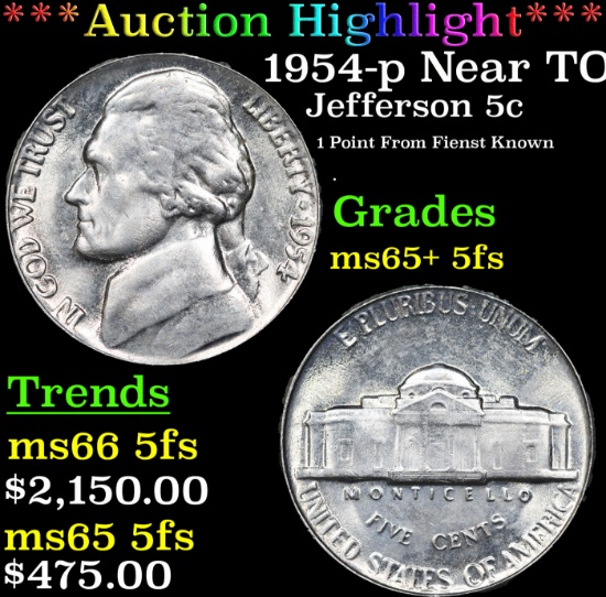 ***Auction Highlight*** 1954-p Jefferson Nickel Near TOP POP! 5c Graded GEM+ 5fs By USCG (fc)