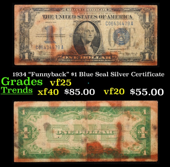 1934 $1 Blue Seal Silver Certificate "Funnyback" Grades vf+