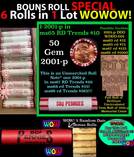 THIS AUCTION ONLY! BU Shotgun Lincoln 1c roll, 2001-p 50 pcs Plus FIVE bonus random date BU roll! Ba