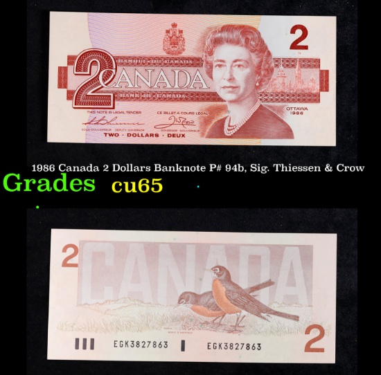 1986 Canada 2 Dollars Banknote P# 94b, Sig. Thiessen & Crow Grades Gem CU