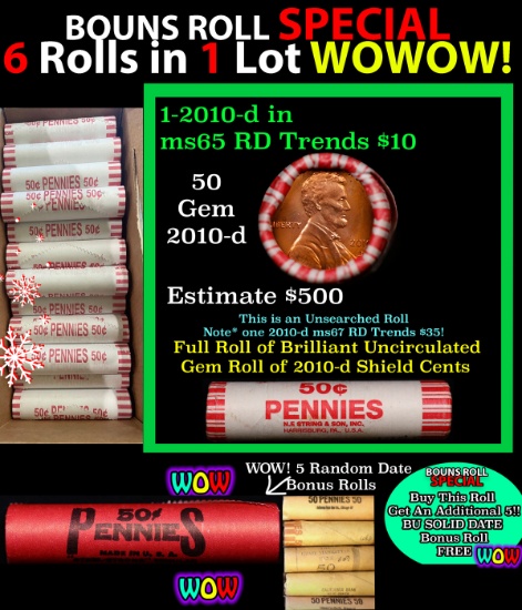 THIS AUCTION ONLY! BU Shotgun Lincoln 1c roll, 2010-d 50 pcs Plus FIVE bonus random date BU roll! Ba