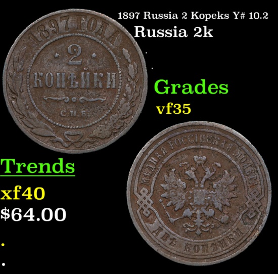 1897 Russia 2 Kopeks Y# 10.2 Grades vf++