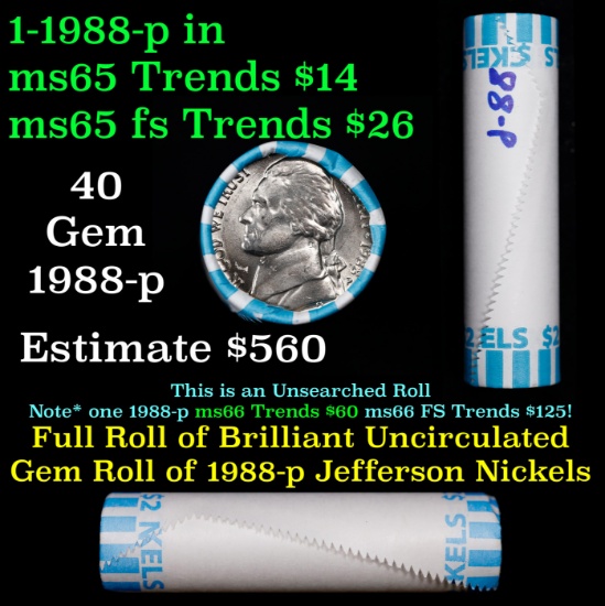 BU Shotgun Jefferson 5c roll, 1988-p 40 pcs Bank $2 Nickel Wrapper