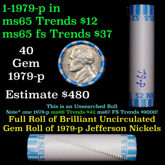 BU Shotgun Jefferson 5c roll, 1979-p 40 pcs Bank $2 Nickel Wrapper