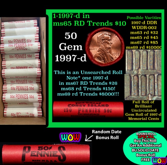 THIS AUCTION ONLY! BU Shotgun Lincoln 1c roll, 1997-d 50 pcs Plus one bonus random date BU roll! Ban