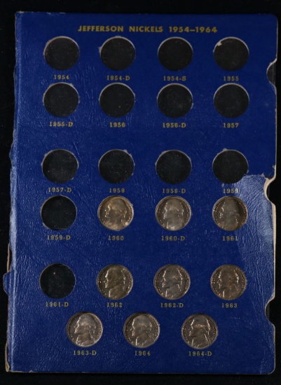9 Jefferson Nickels in 1954- 1964 Whitman Page, Various Years / Grades