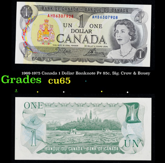1969-1975 Canada 1 Dollar Banknote P# 85c, Sig. Crow & Bouey Grades Gem CU