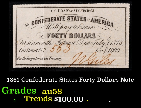 1861 Confederate States Forty Dollars Note Grades Choice AU/BU Slider