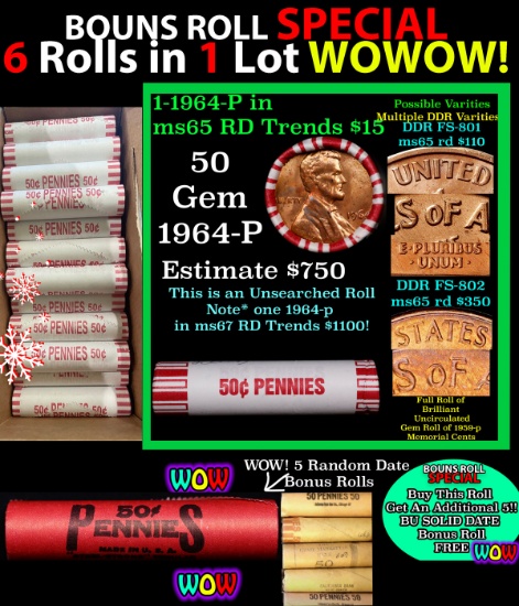 THIS AUCTION ONLY! BU Shotgun Lincoln 1c roll, 1964-p 50 pcs Plus FIVE bonus random date BU roll! Ba