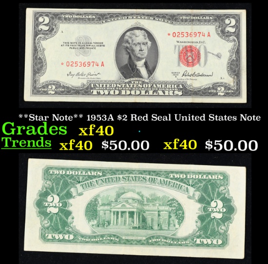 **Star Note** 1953A $2 Red Seal United States Note Grades xf