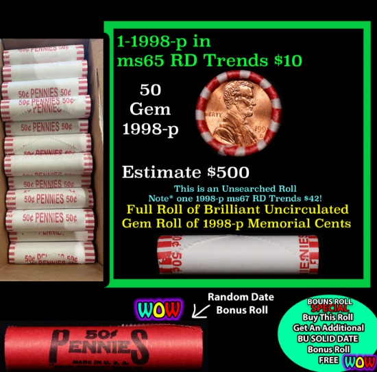 THIS AUCTION ONLY! BU Shotgun Lincoln 1c roll, 1998-p 50 pcs Plus one bonus random date BU roll! Ban