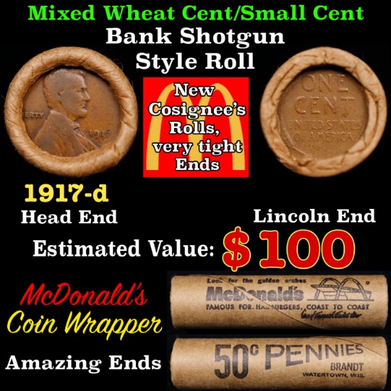 Lincoln Wheat Cent 1c Mixed Roll Orig Brandt McDonalds Wrapper, 1917-d end, Wheat other end