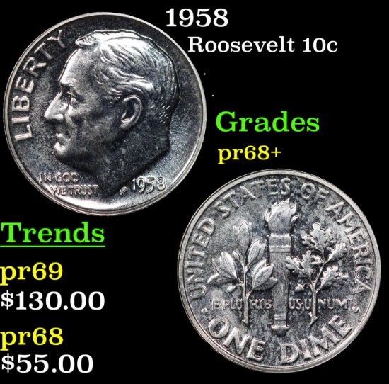 Proof 1958 Roosevelt Dime 10c Grades GEM++ Proof