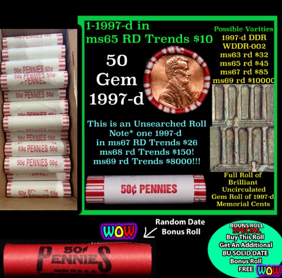 THIS AUCTION ONLY! BU Shotgun Lincoln 1c roll, 1997-d 50 pcs Plus one bonus random date BU roll! Ban