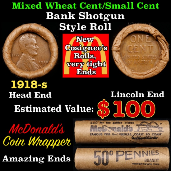 Lincoln Wheat Cent 1c Mixed Roll Orig Brandt McDonalds Wrapper, 1918-s end, Wheat other end