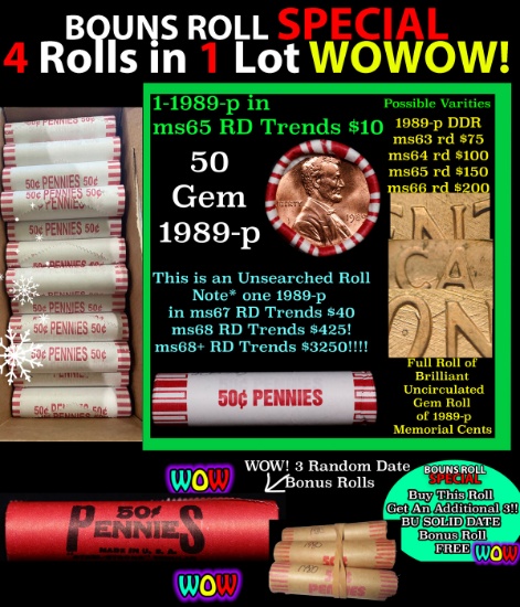 THIS AUCTION ONLY! BU Shotgun Lincoln 1c roll, 1964-p 50 pcs Plus THREE bonus random date BU roll! B