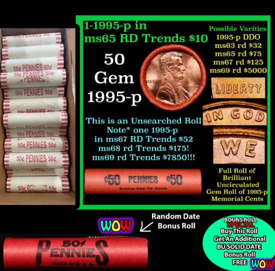 THIS AUCTION ONLY! BU Shotgun Lincoln 1c roll, 1995-p 50 pcs Plus one bonus random date BU roll! Ban