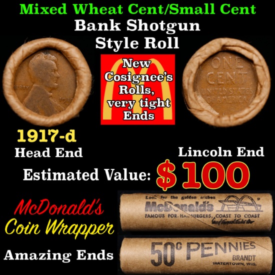 Lincoln Wheat Cent 1c Mixed Roll Orig Brandt McDonalds Wrapper, 1917-d end, Wheat other end