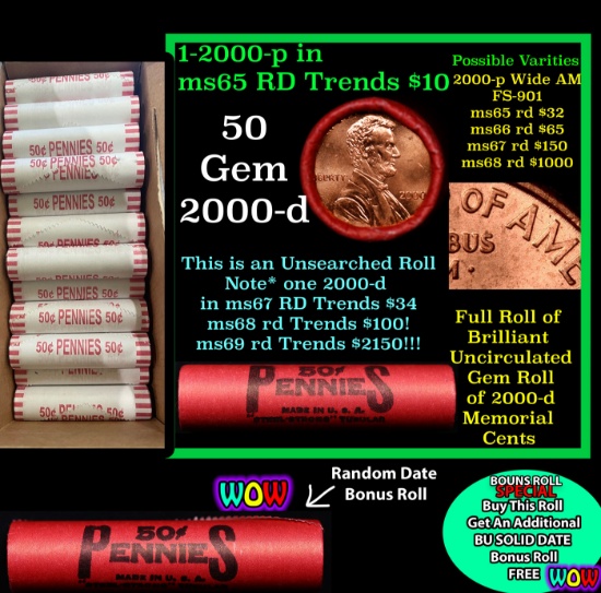 THIS AUCTION ONLY! BU Shotgun Lincoln 1c roll, 2000-p 50 pcs Plus one bonus random date BU roll! Ban