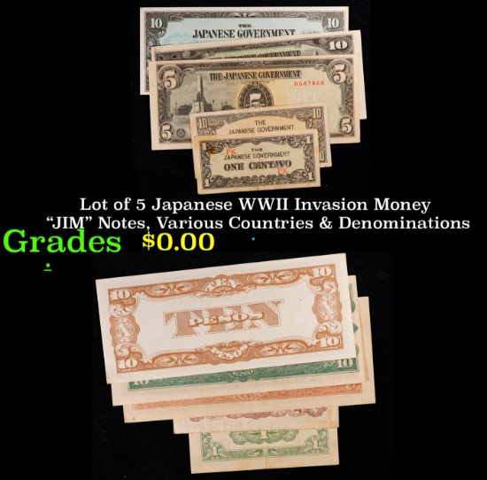 Lot of 5 Japanese WWII Invasion Money "JIM" Notes, Various Countries & Denominations Grades