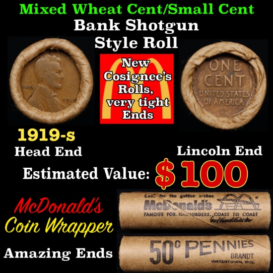 Lincoln Wheat Cent 1c Mixed Roll Orig Brandt McDonalds Wrapper, 1919-s end, Wheat other end